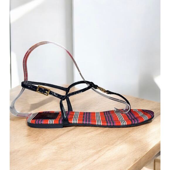 Tory Burch Emmy Patent Calf T-Strap Stripe Sandal Size 7M - Picture 2 of 11